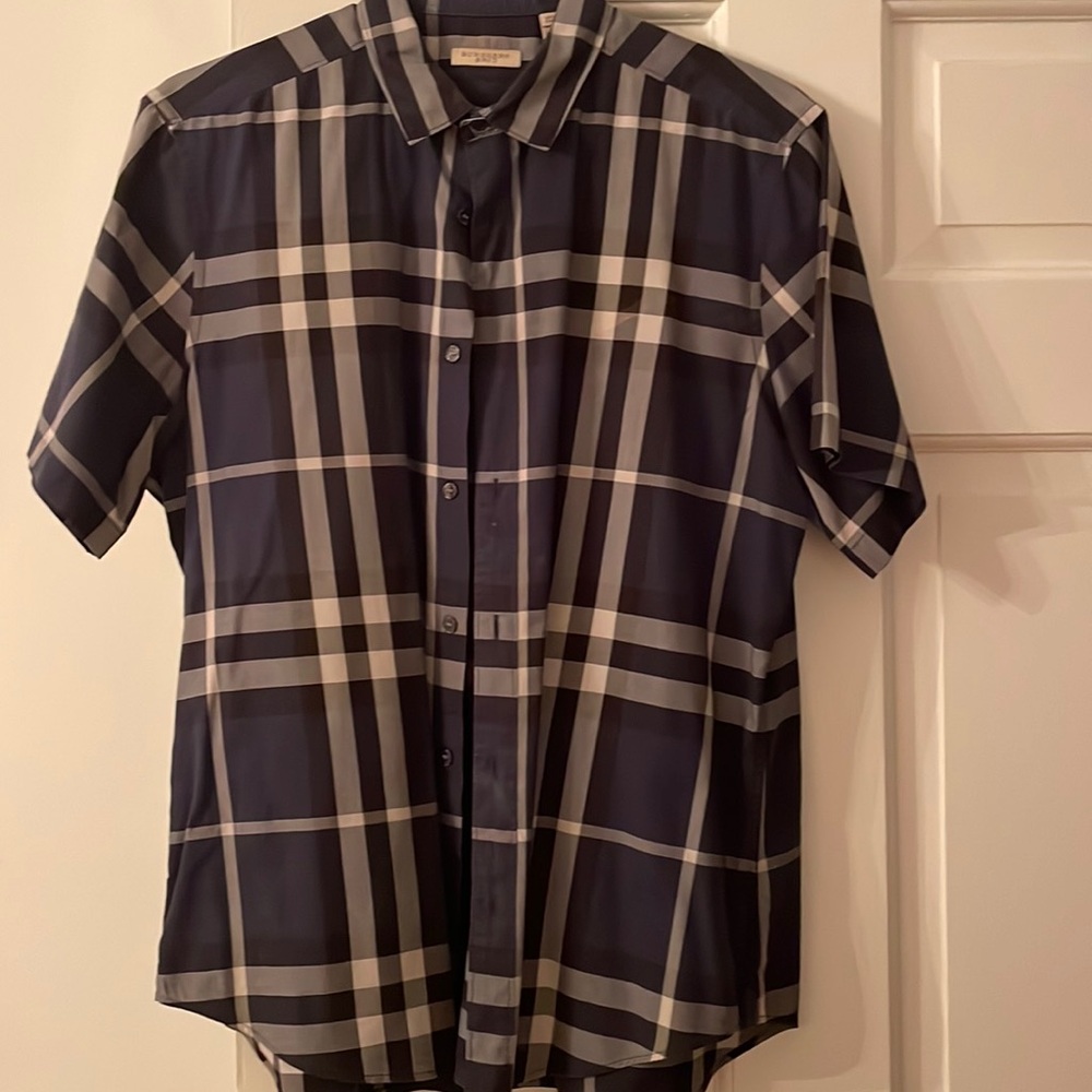 Burberry Navy and White Plaid Button-Down Shirt